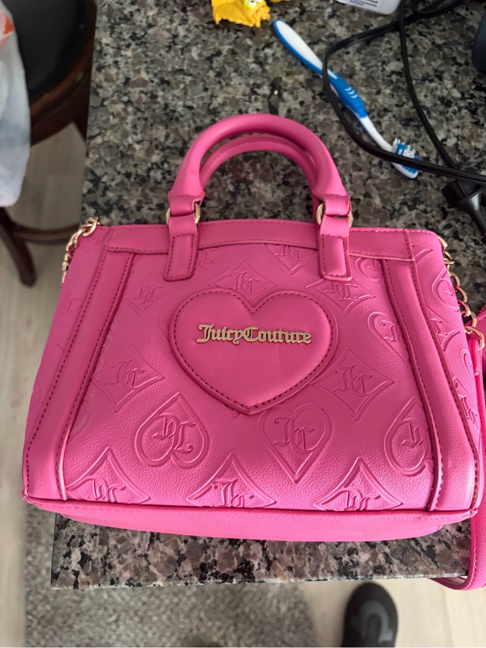 Juicy Couture Pink Embossed Heart Satchel with Gold Logo and matching wallet